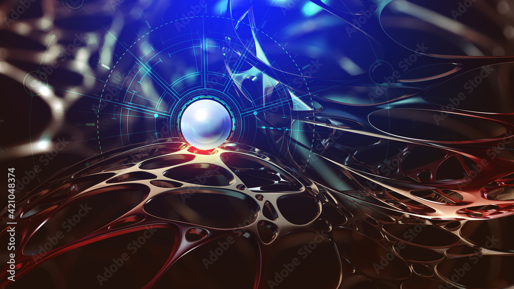 Aufkleber AI brain. Big data processing. Nanotechnology and networking. Fantastic macrocosm. Abstract full color poster, picture for interior with 3D illustration