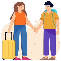 Naklejka na ściany i meble Man and a woman with suitcase depicting travellers, flat illustration