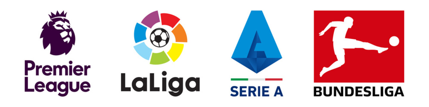 Top Europian football soccer leagues emblem logo set. Editorial image. VINNITSIA, UKRAINE. MARCH 17, 2021