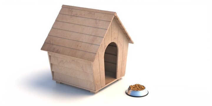 Dog house and kibbles bowl isolated on white background, wooden cabin for pet home. 3d illustration