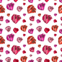 seamless pattern of red rubies in the shape of a heart on a white background. Vector pattern of beautiful colored crystals. For packaging design, wrapping paper and decoration.