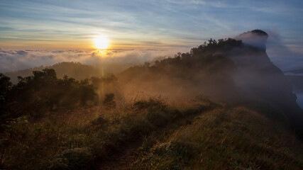 Sunrise at Doi MonJong with sea of fog Chiangmai, Thailand, Asia.