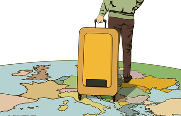 A girl with a yellow suitcase on wheels walks along the map of Europe. Refugee, tourism, migration, emigration and vacation concept. Vector image, illustration,copy space on white background.Back view