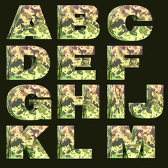 Military alphabet font. Army stencil lettering with camouflage background vector