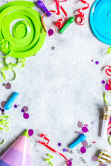 birthday party frame with hat for mock-up on stone background top view