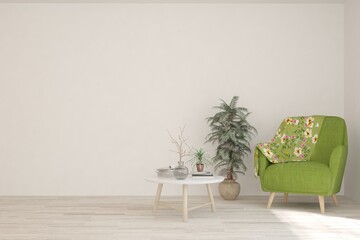 White living room with armchair. Scandinavian interior design. 3D illustration