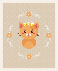 Gnger cats with a wreath of flowers on light polka dots backgound. Childrens illustration in minimal style with romantic spring mood. Vector illustration in kawaii flat style for web and print.
