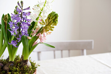 Hyacinths flowers in wooden bowl on table. Natural diy decor Easter table. Selective focus, home festive atmosphere