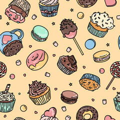 Seamless pattern with sweets, candies, cupcakes, macaroons in the doodle style. Colorful vector illustration on a yellow background.