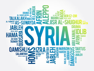 Obraz premium List of cities and towns in Syria, word cloud collage, business and travel concept background
