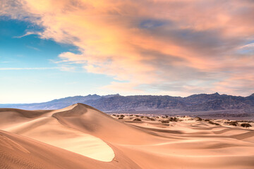 Beautiful sand dunes landscape seen at Death Valley National Park, California at sunset