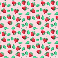 red Strawberry seamless pattern. Red berry. Texture for fabric, wrapping, wallpaper. Food print for kitchen tablecloth, curtain or dishcloth. Hand drawn doodle wallpaper. Strawberry background
