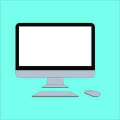 A computer that writes in vector images as well.  illustration program  With a mouse and keyboard in front of the computer on a blue background