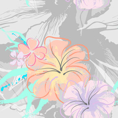 Pink Flowers Blooming Pattern. Pastel Watercolor.