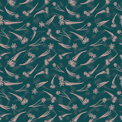 Vector dark green pink daffodils seamless pattern