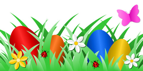 Pâques avec Oeufs, Coccinelles, Fleurs et Papillon