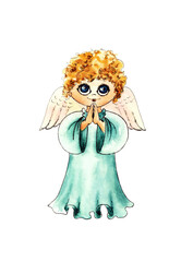 A curly-haired Christmas angel with pink wings. The illustration can be used as a print for postcards, T-shirts and eco-bags.