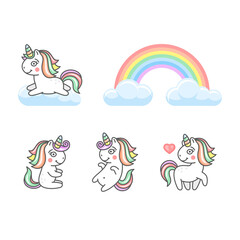 Unicorn and Rainbow Icons Set on White Background. Vector
