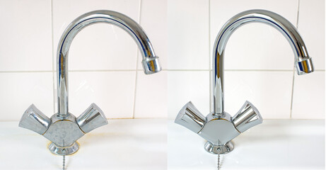 Compare image before- after cleaning with special detergent of the dirty stainless faucet cover...