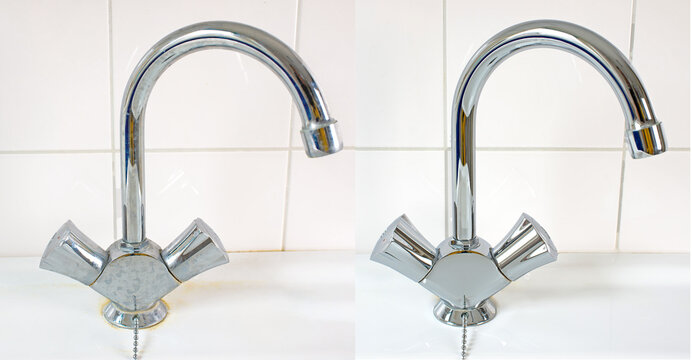 Compare image before- after cleaning with special detergent of the dirty stainless faucet cover with dirty hard calcium water stain in the bathroom. Old dirty faucet with clean and shiny like new. 
