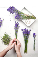 Lavender flowers in female hand on white wooden table, flat lay. Florist sorting lavender flowers for making a fresh bouquet