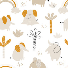 Vector hand-drawn colored childish seamless repeating simple flat pattern with elephants, plants and doodles in Scandinavian style on a white background. Cute baby animals. Pattern for kids.