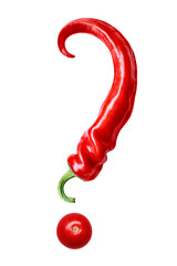 One pod of a red sharp hot chilean pepper curved shape, similar to a question mark with tomato,...