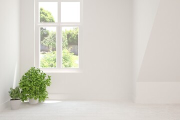 White empty room with summer landscape in window. Scandinavian interior design. 3D illustration