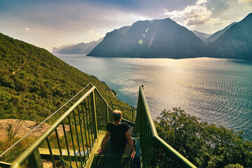 Panoramic view on Lake Garda from the Busatte-Tempesta trail near Nago-Torbole with the iron...
