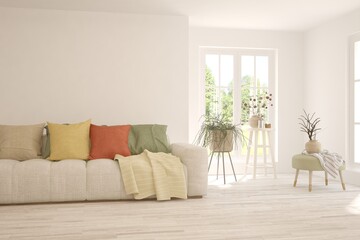Obraz premium Modern living room in white color with sofa. Scandinavian interior design. 3D illustration