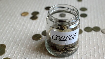3D illustration - Coins filling in jar labeled for college