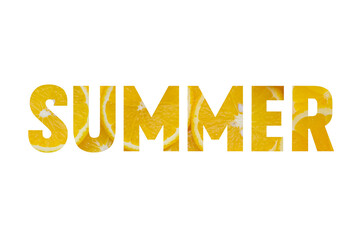 Bright yellow lettering Summer, carved from oranges on a white background.Greeting card or banner for your store or website.