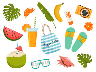 Summer colorful items collection. Holiday set. Vector illustration.