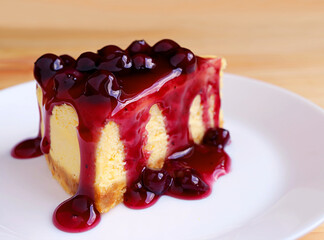 Slice of baked cheesecake topped with mouthwatering blueberry sauce on wooden table	
