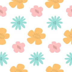 Pastel flowers. Floral seamless pattern on a white background. Hand drawn vector illustration. Scandinavian style design. Concept for kids textile, fashion print, wallpaper, packaging.