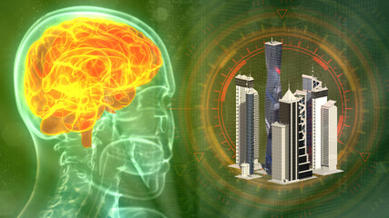 cg industrial 3d illustration, brain affected by uban life