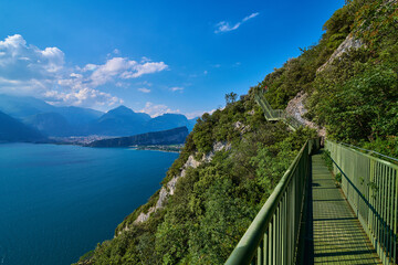 Panoramic view on Lake Garda from the Busatte-Tempesta trail near Nago-Torbole with the iron...