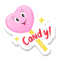

A lollipop, sugar heart candy mounted on a stick 


