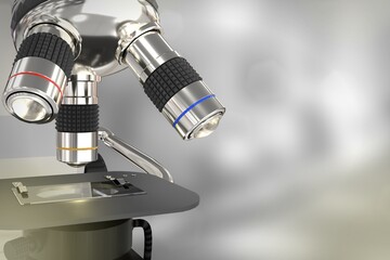 Fototapeta na wymiar chemistry work concept, lab electronic scientific microscope on soft focus background - object 3D illustration