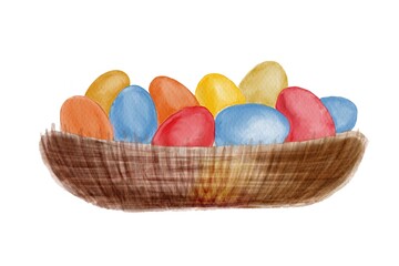 Happy Easter watercolor illustration with hand drawn basket of colorful eggs. Painted spring decoration element.