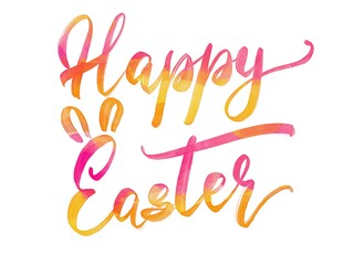 Happy Easter Watercolor lettering  template. Holiday spring Easter greeting card. Hand drawn brush calligraphy print.