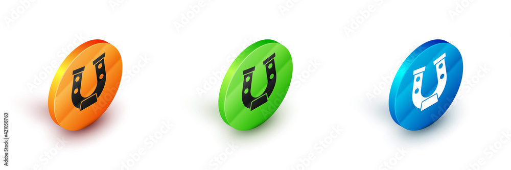 Poster isometric horseshoe icon isolated on white background. circle button. vector