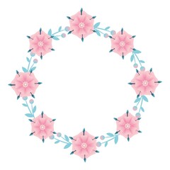 round floral frame, spring, summer poster, postcard with plants, stylized vector graphics