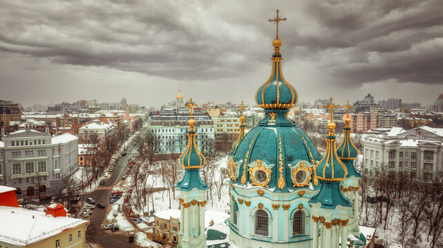 St. Andrews Church and Andriyivskyy Descent, in winter, Kyiv, Ukraine