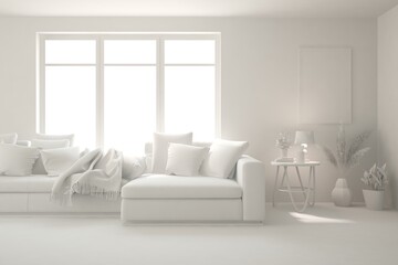 Mock up of stylish room in white color with sofa. Scandinavian interior design. 3D illustration