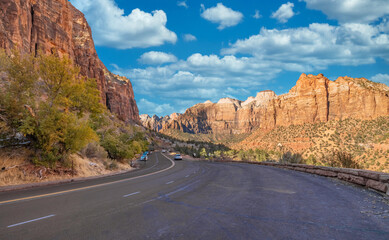 Beautiful scenery, views of an incredibly scenic road surrounded by rocks and mountains in Zion National Park, Utah, USA.