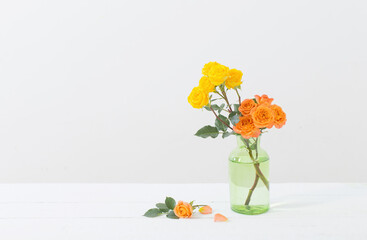 orange and yellow roses in glass vase on white background