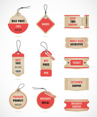 Vector stickers, price tag, banner, label. Coupon sale, offers and promotions vector template.
