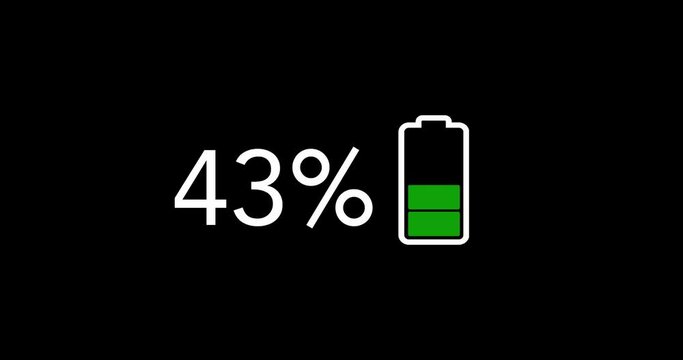 Graphic animation of battery charging and percentage increasing from zero to one hundred on a black background. When charging, the battery changes color from red to white. 4K video. 60 fps