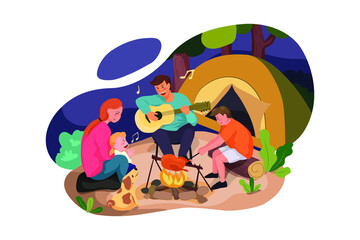 Happy family enjoying camping in the forest